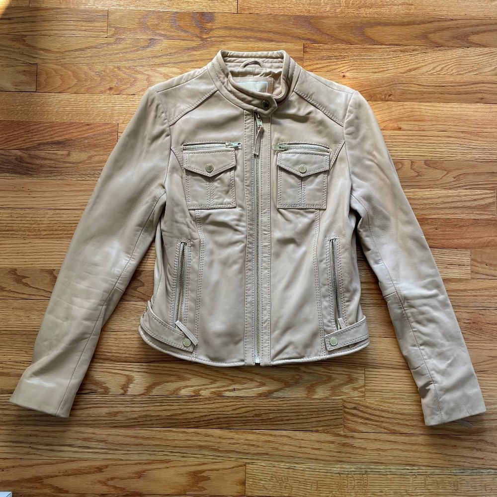 Michael Kors Tan Leather Motorcycle Jacket Size Small